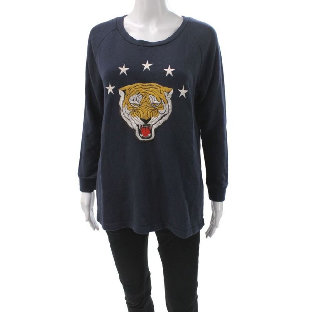 Sandro Women Pullover Tiger Crew Neck Blue Cotton Blend Size 2